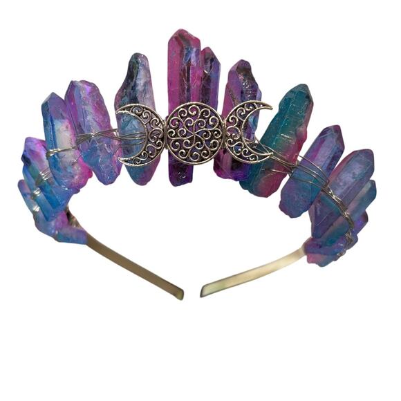 Crystal Rough Quartz Tiara Headband w/ Moon Charm - Pink and Blue - Picture 4 of 4